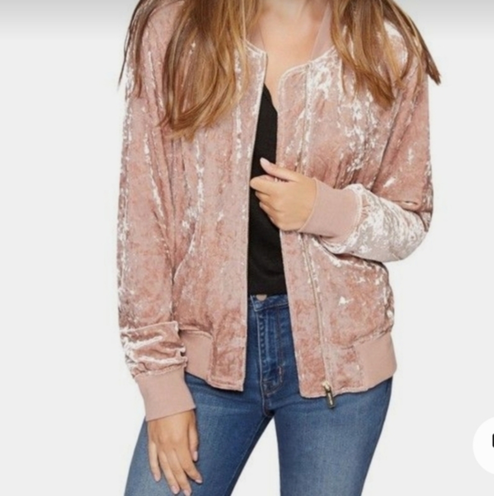 Anthropologie Sanctuary Pink Crushed Velour Bomber Jacket Size S